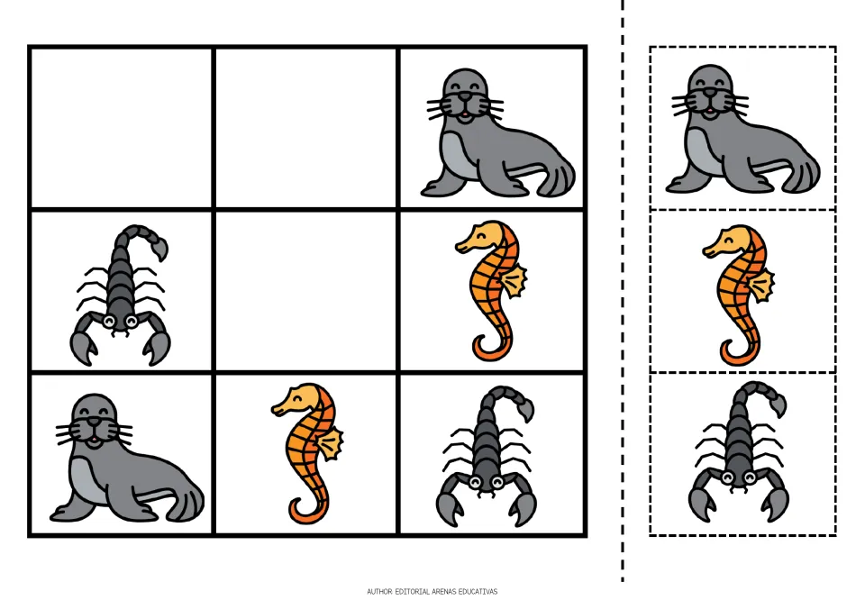 Sea lion, scorpion and seahorse sudoku: students glue cut-out cards into 3 blank squares so each row and column differs