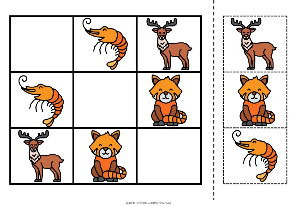 Shrimp, deer and red panda sudoku: students complete the 3x3 puzzle with cut-out animal cards, using row and column logic