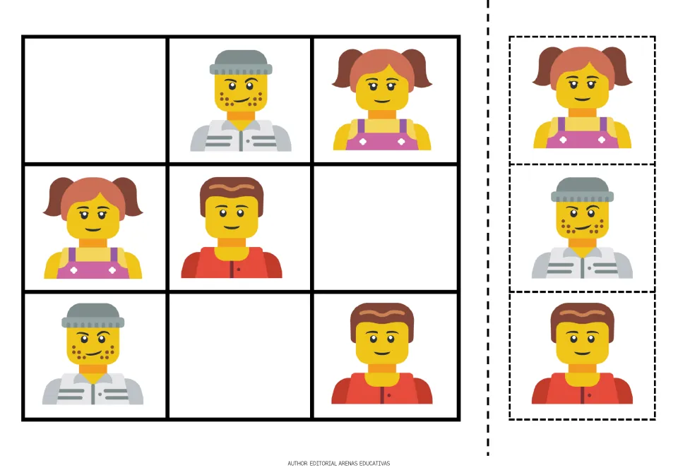 Picture sudoku puzzle 1 and cutout pieces: a girl in pink, a man in a gray cap, and a man in a red shirt