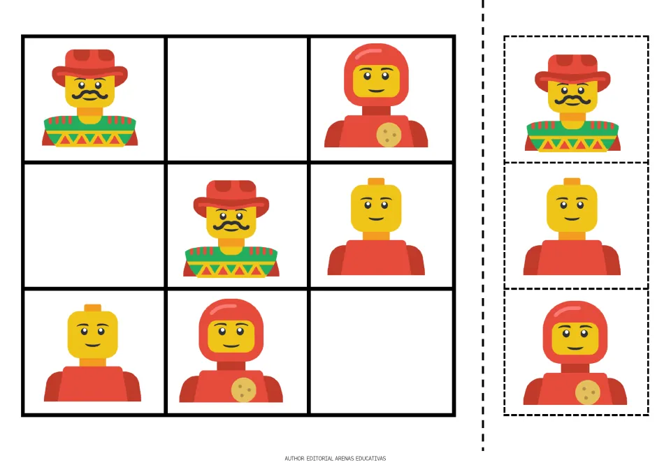 Picture sudoku puzzle 2 and cutout pieces: a mustached man in a red hat, a red-hooded figure, and a bald man