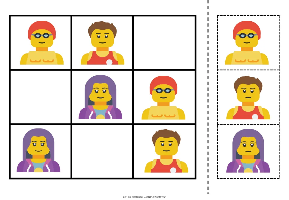Picture sudoku puzzle 3 and cutout pieces: a swimmer, a brown-haired figure in red, and a purple-haired girl