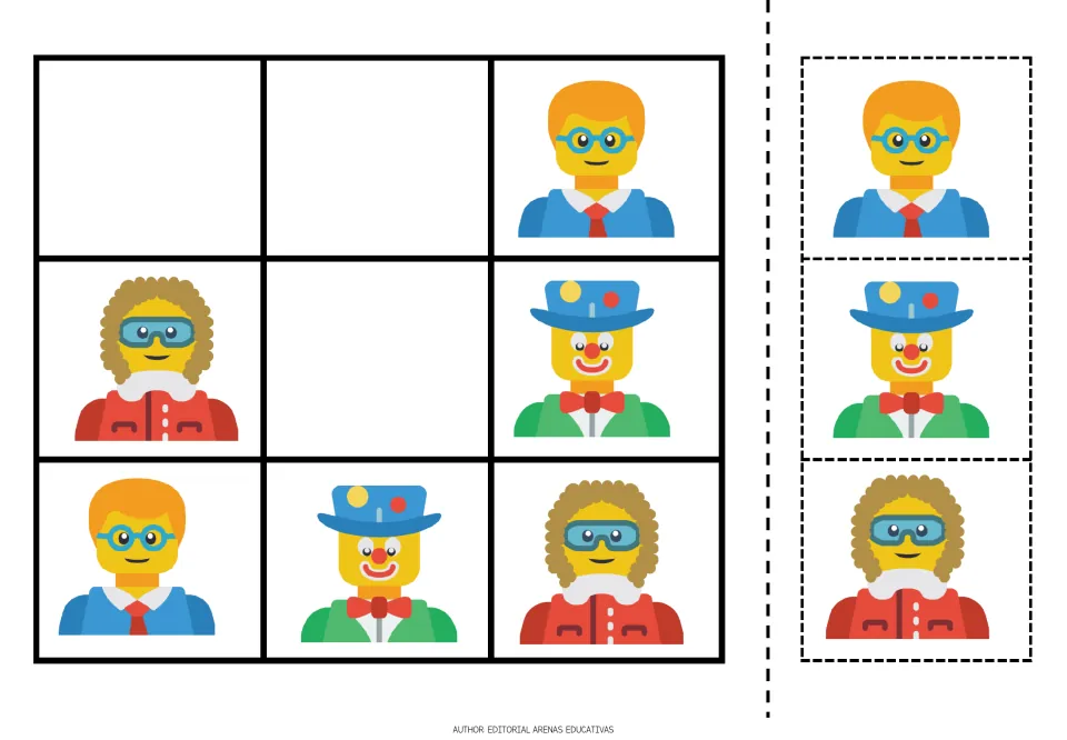 Picture sudoku puzzle 4 and cutout pieces: a figure with glasses and a tie, a clown, and a figure in goggles