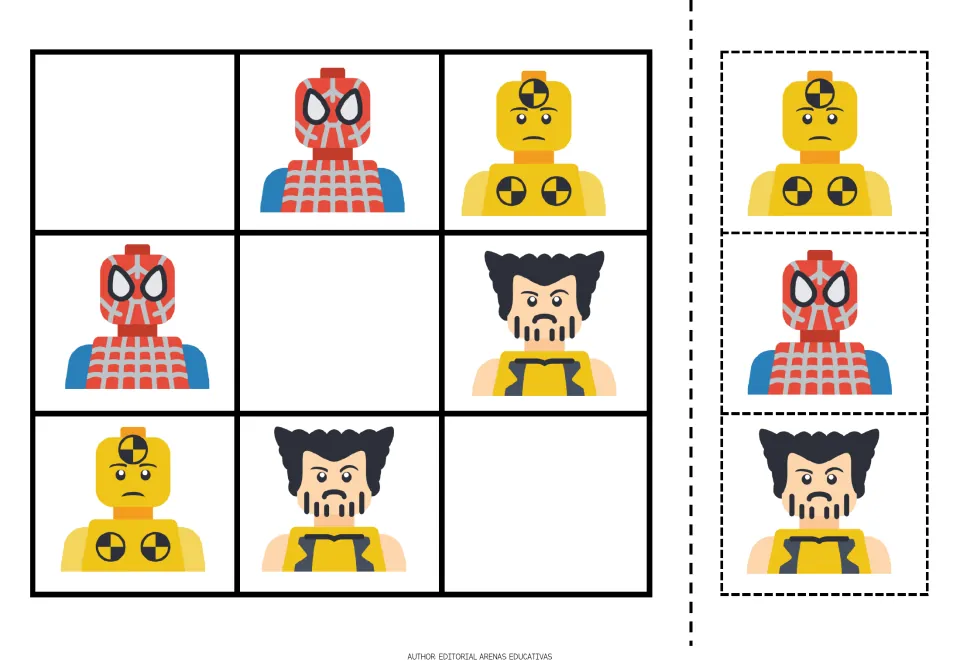 Picture sudoku puzzle 5 and cutout pieces: a web-masked figure, a crash-test dummy, and a black-haired figure