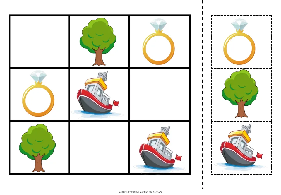 Picture sudoku puzzle 1 uses a tree, a ring and a boat, with three matching cutout pieces to fill the blanks