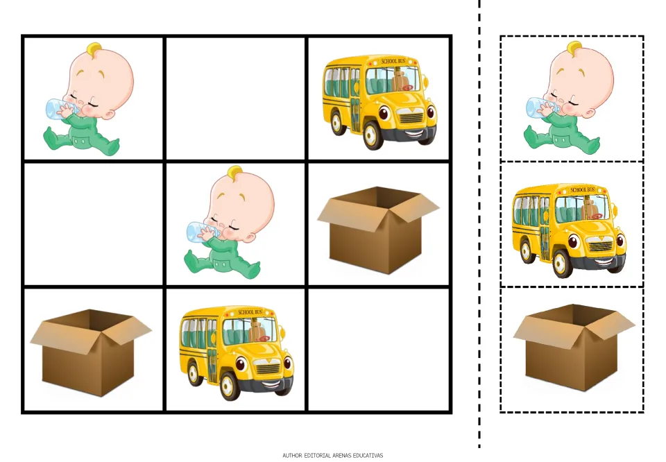 Picture sudoku puzzle 2 uses a baby, a school bus and a box, with three cutout pieces to fill the blanks