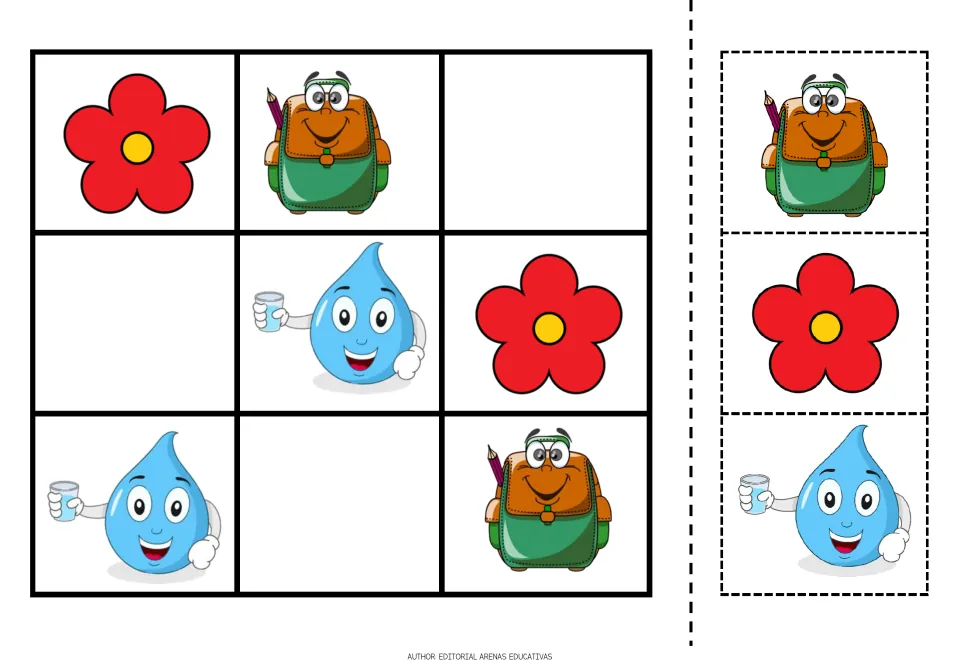 Picture sudoku puzzle 3 uses a flower, a backpack and a water drop, with three matching cutout pieces