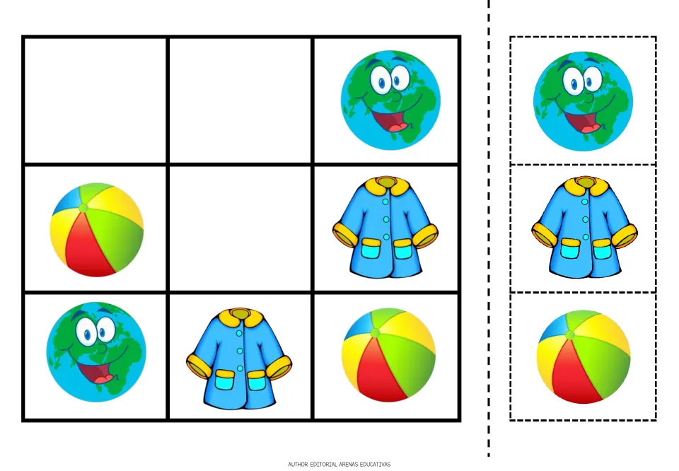 Picture sudoku puzzle 4 uses Earth, a beach ball and a coat, with three cutout pieces to fill the blanks