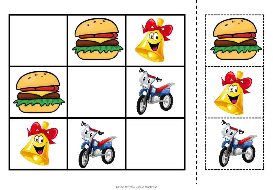 Picture sudoku puzzle 5 uses a hamburger, a bell and a motorcycle, with three matching cutout pieces