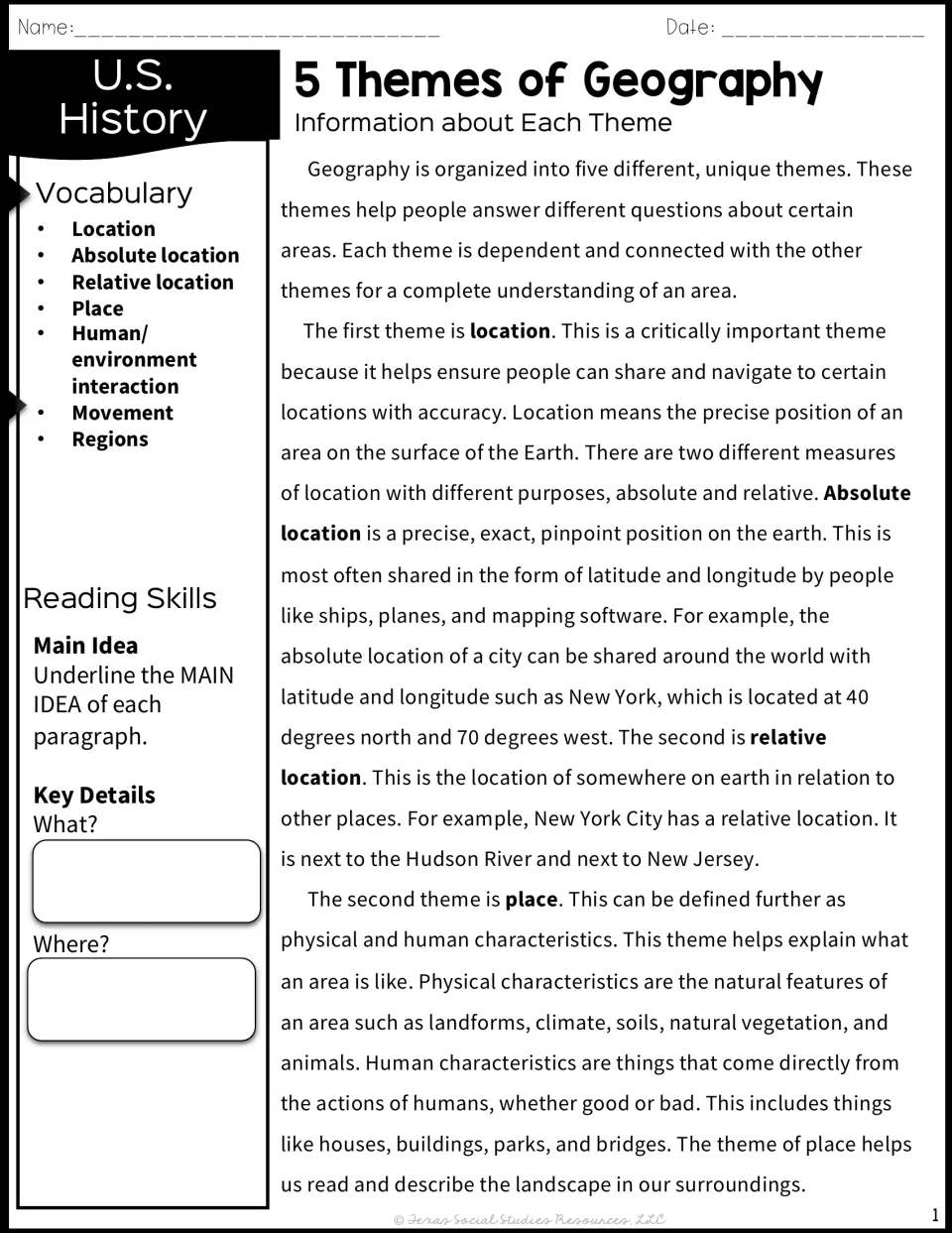 Five themes reading passage on location and place: students underline main ideas and note key details, what and where
