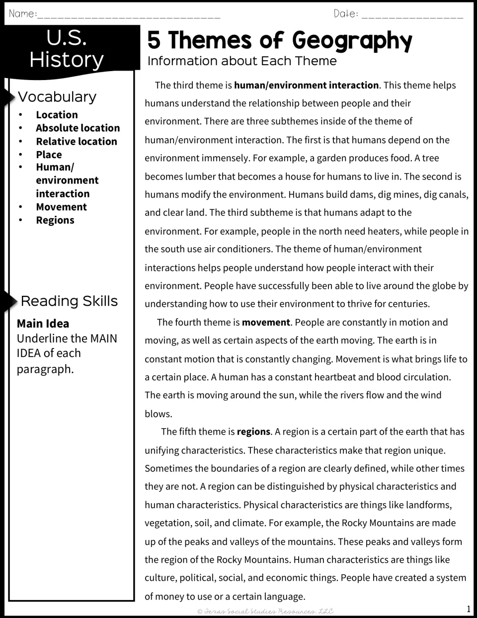 Passage on human/environment interaction, movement and regions: students underline the main idea of each paragraph