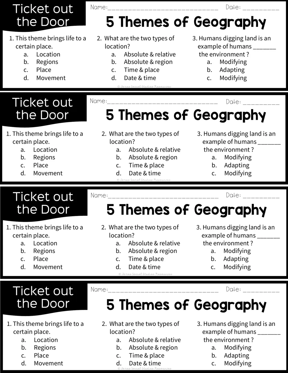 Ticket out the door, four per page: three multiple-choice questions on movement, location types and modifying land