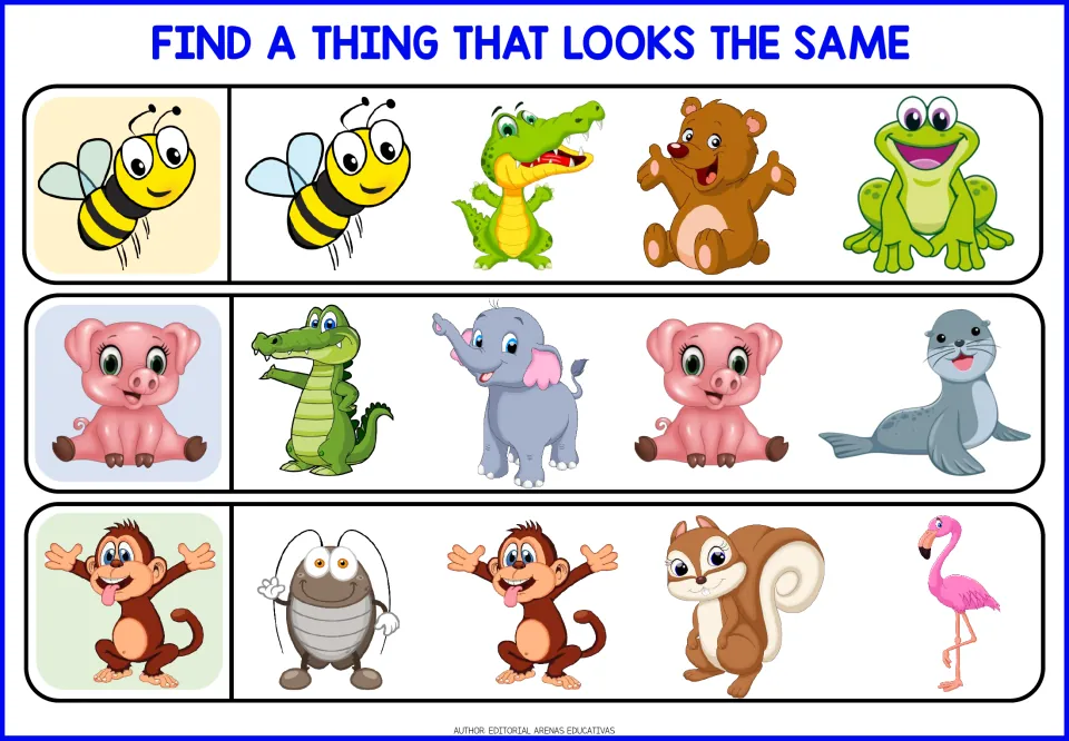 Animal-matching worksheet 1: find the identical bee, pig, and monkey among four choices for each animal.