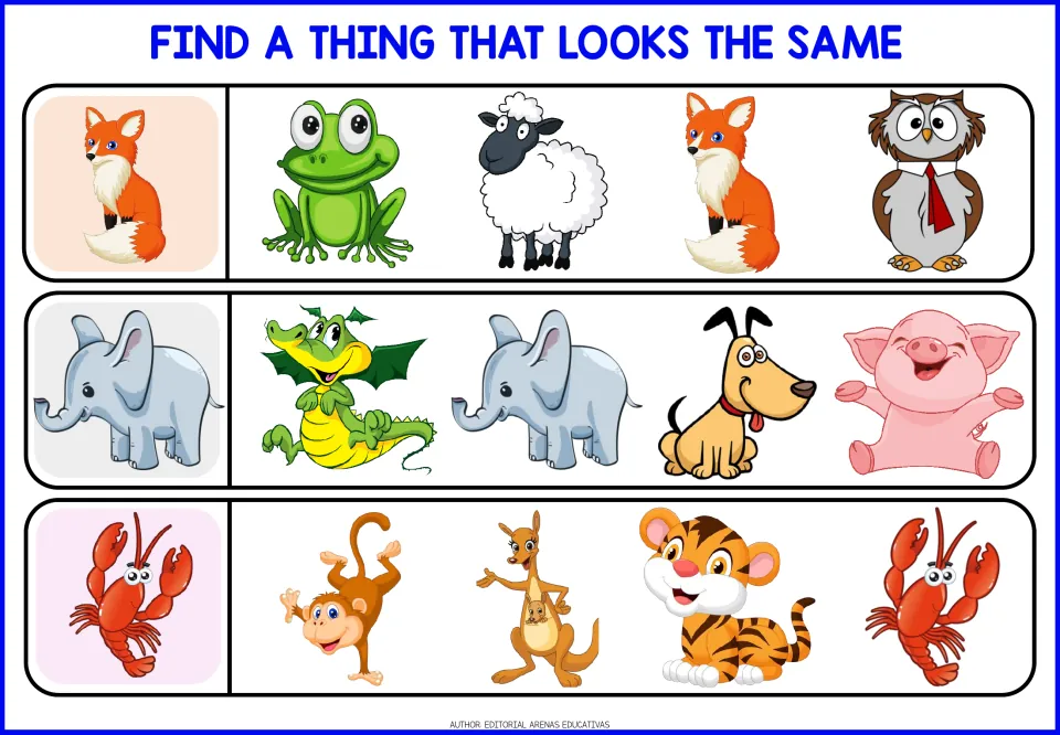 Animal-matching worksheet 2: find the identical fox, elephant, and lobster among four choices for each animal.
