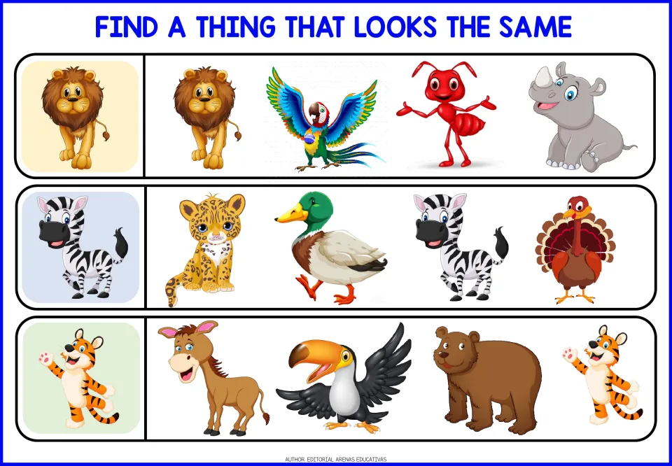 Animal-matching worksheet 3: find the identical lion, zebra, and tiger among four choices for each animal.