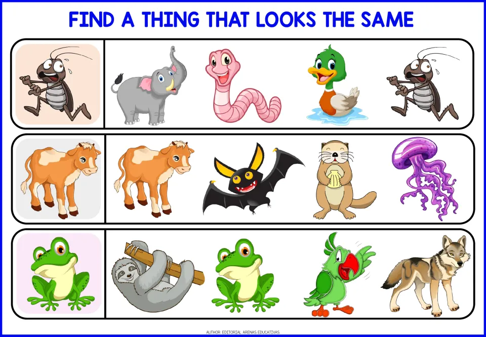 Animal-matching worksheet 4: find the identical cockroach, cow, and frog among four choices for each animal.