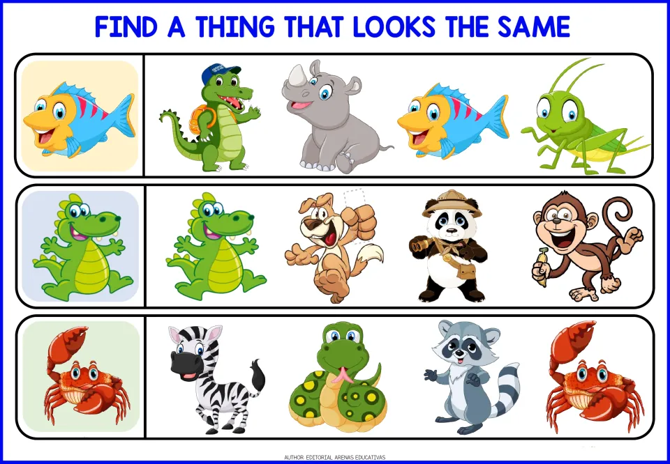 Animal-matching worksheet 5: find the identical fish, crocodile, and crab among four choices for each animal.