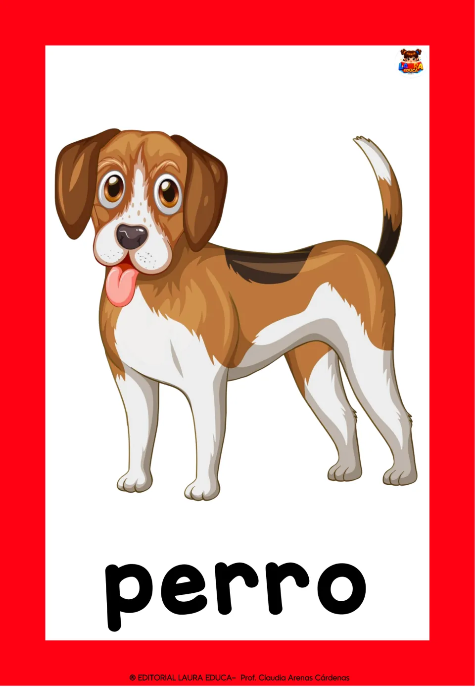 Spanish animal word flashcard: a brown and white beagle labeled perro, so students name the dog in Spanish