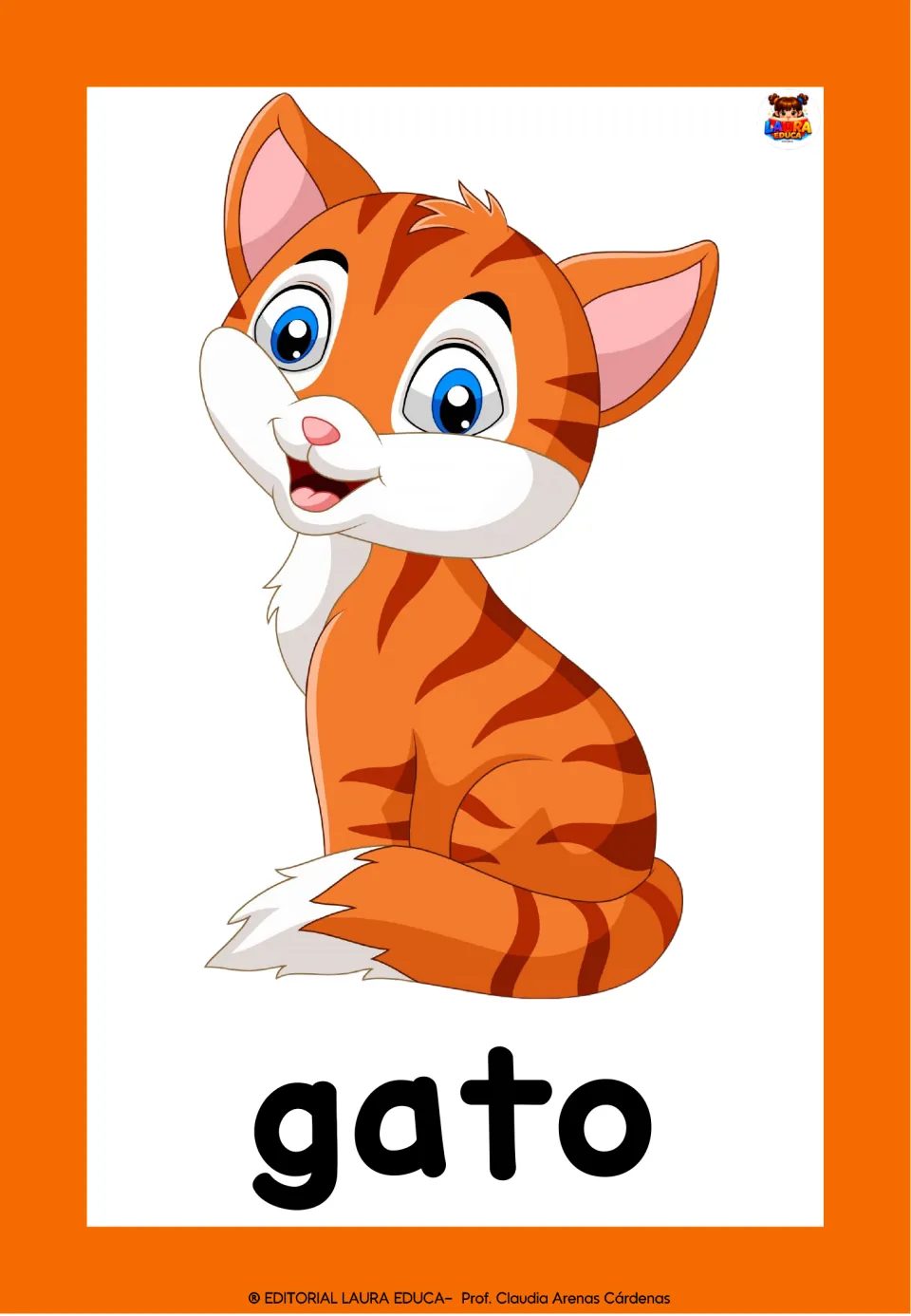 Spanish vocabulary card for gato: an orange striped kitten sitting above the word, for naming the cat aloud