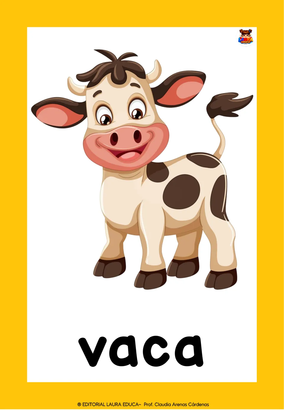 Farm animal flashcard showing a smiling spotted calf with the Spanish word vaca, for learning the word for cow