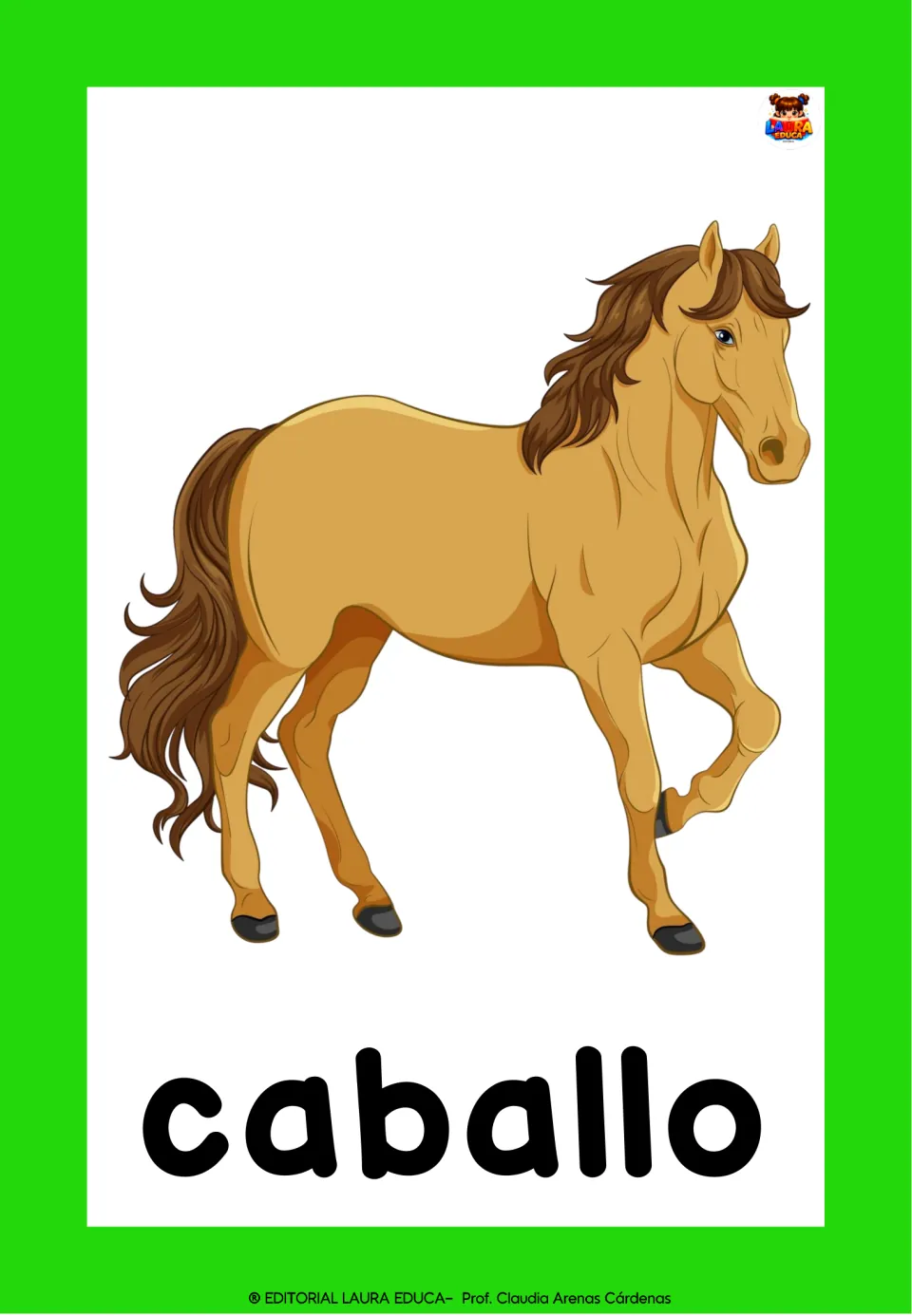 Spanish word caballo under a tan horse with a brown mane, a picture card for practising the word for horse