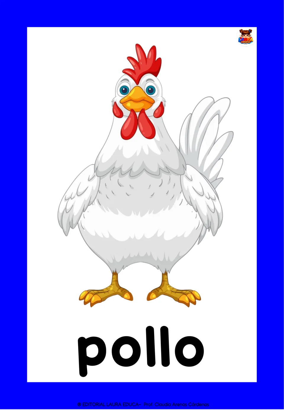 Picture card for pollo: a white hen with a red comb, for students to say and read the Spanish word for chicken