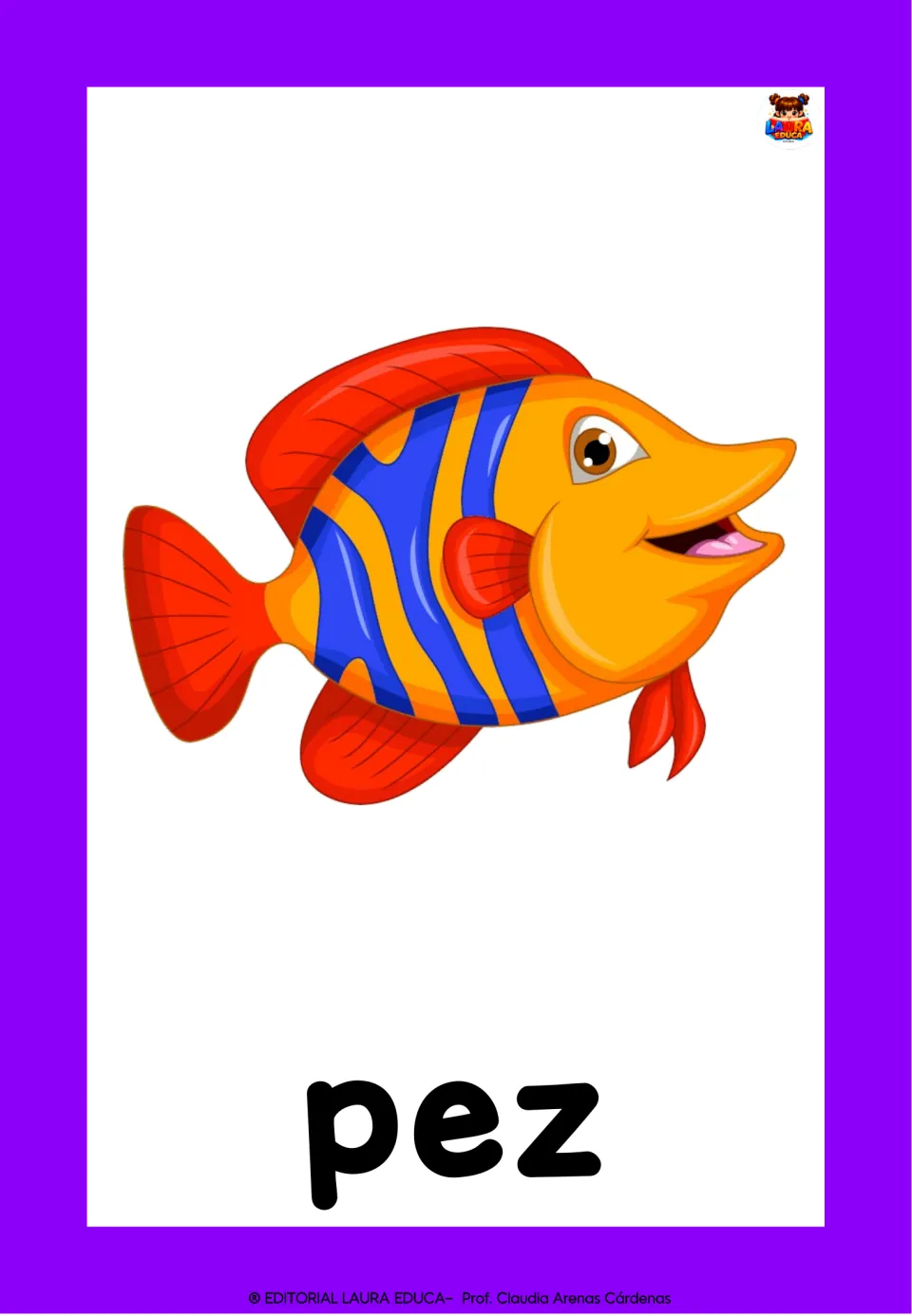 Spanish flashcard for pez showing an orange and blue striped tropical fish, for naming the fish in Spanish
