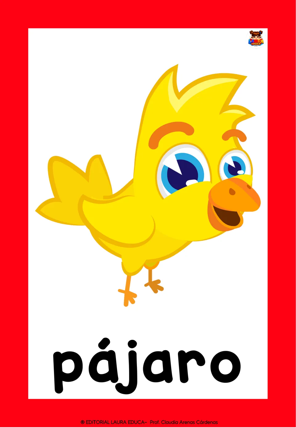 Vocabulary card with a yellow cartoon bird above the word pájaro, for reading the Spanish word with its accent