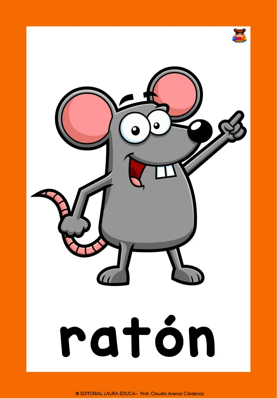 Spanish word ratón with a gray cartoon mouse pointing upward, a picture card for naming the mouse in Spanish