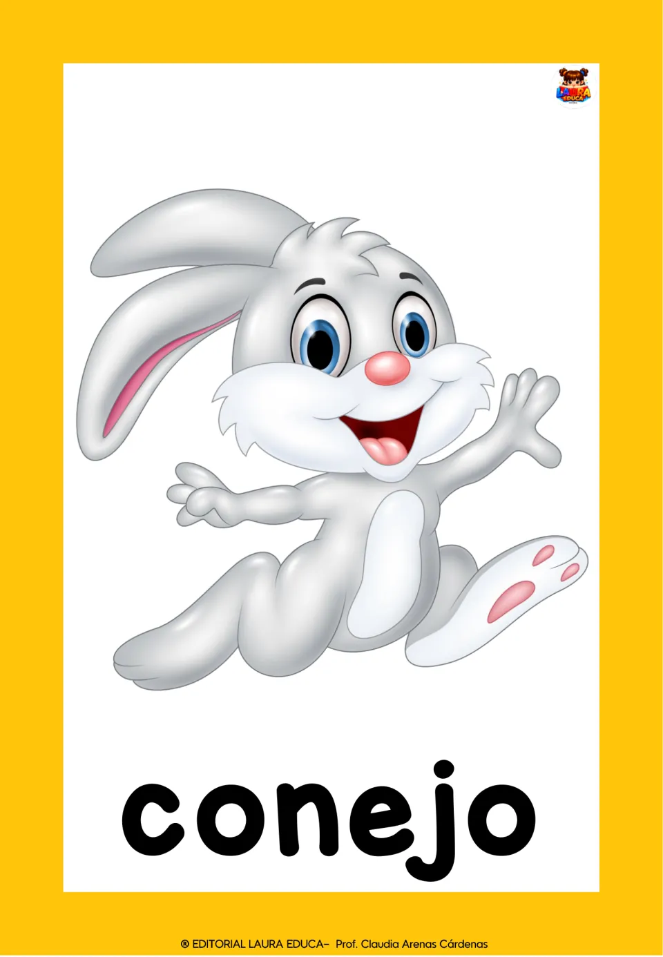 Animal word card for conejo: a gray and white rabbit hopping with a big smile, for saying the word for rabbit
