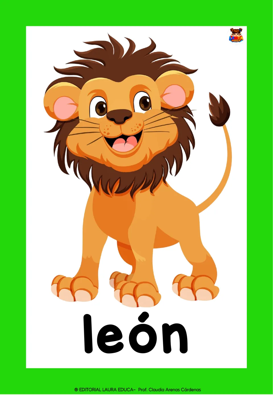 Spanish flashcard of a young lion with a brown mane over the word león, for naming the lion in Spanish