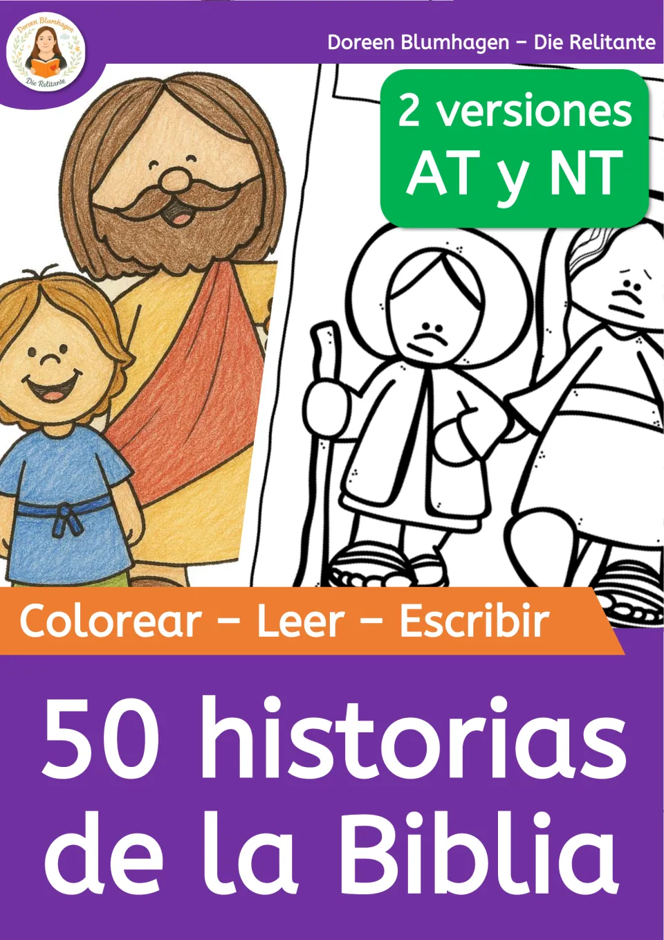 Cover for 50 Spanish Bible stories to color, read and write, with Jesus and a child and the labels 2 versiones, AT y NT