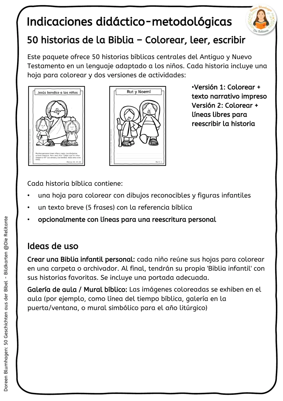 Teaching notes in Spanish: two versions per story, printed text or free writing lines, plus ideas like a personal Bible