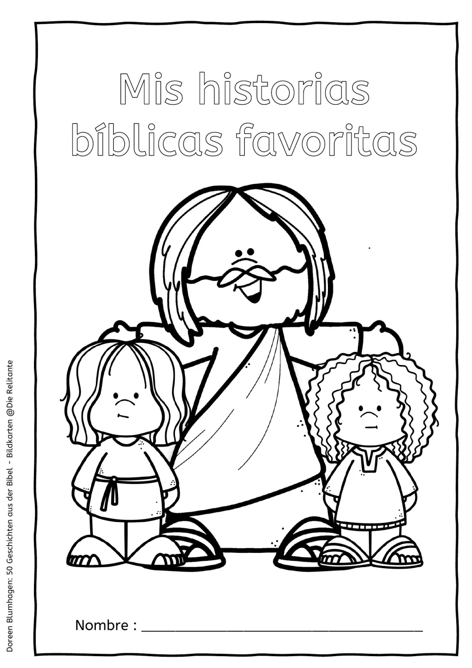 Cover sheet 'Mis historias bíblicas favoritas' with outline lettering to color, Jesus with two children and a name line