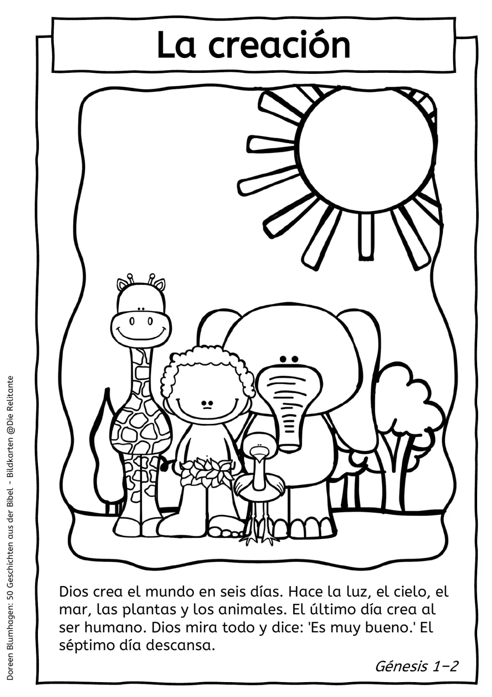 La creación: students color the creation scene with sun, giraffe, elephant and a child, then read the Genesis 1–2 text