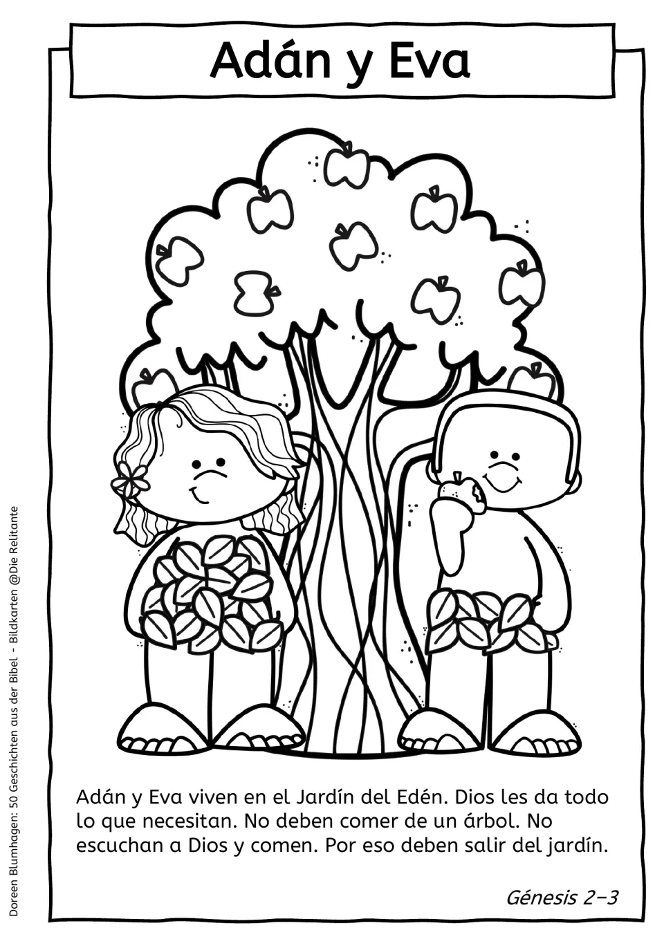 Adán y Eva: students color Adam and Eve in leaf clothing by an apple tree and read the short Genesis 2–3 text below