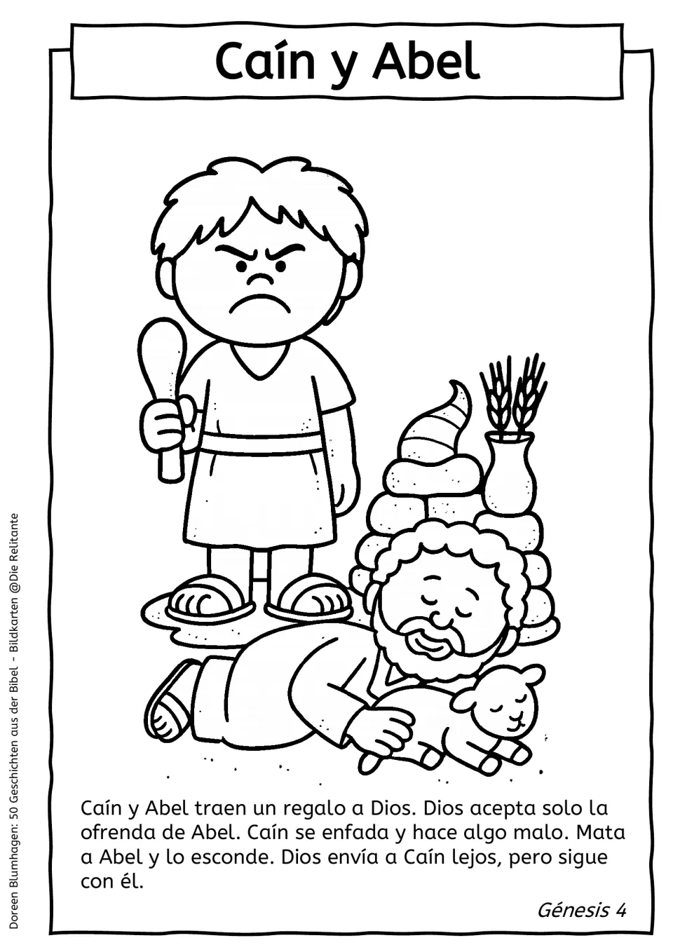 Caín y Abel: students color an angry Cain holding a club beside Abel, a lamb and an offering, and read the Genesis 4 text