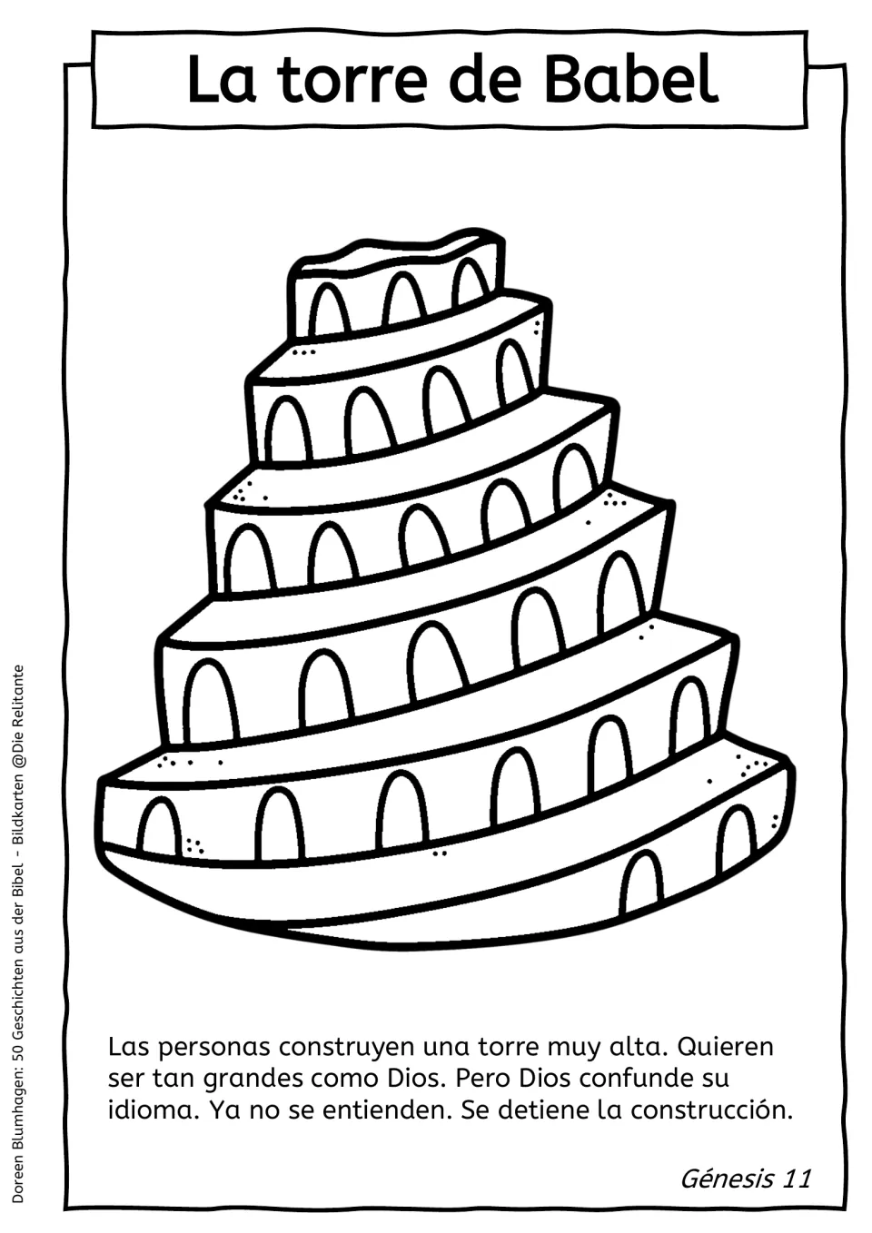 La torre de Babel: students color a tall tiered tower with arched windows and read the Genesis 11 text about language