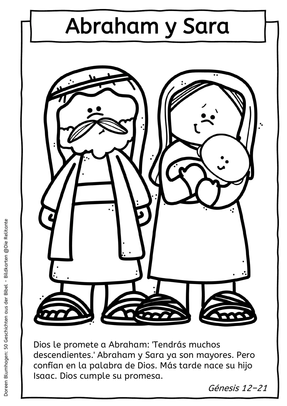 Abraham y Sara: students color Abraham and Sara holding baby Isaac and read the Genesis 12–21 promise text