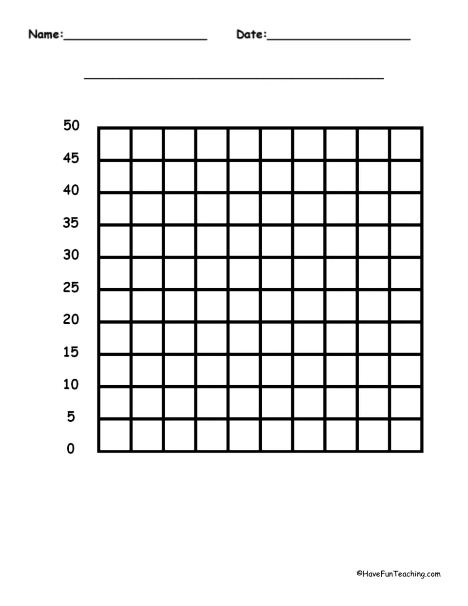 Blank bar graph template: vertical axis counts by 5s from 0 to 50, with a title line for students to graph their own data