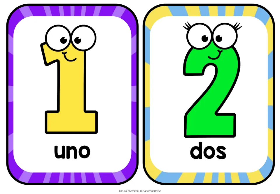 Spanish number flashcards 1 and 2: uno (one) and dos (two), with the number words shown in bold print.