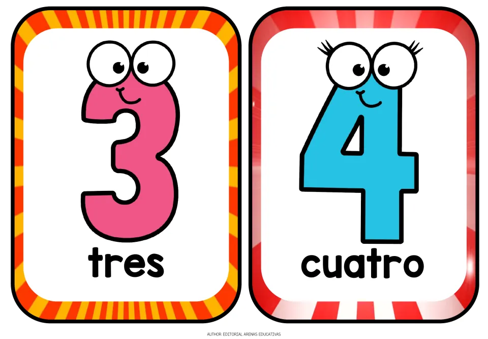Spanish number flashcards 3 and 4: tres (three) and cuatro (four), with number words shown in bold print.
