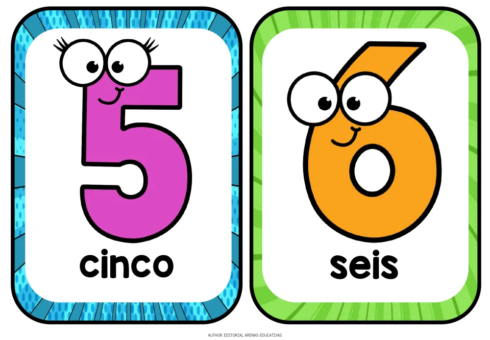 Spanish number flashcards 5 and 6: cinco (five) and seis (six), with number words shown in bold print.