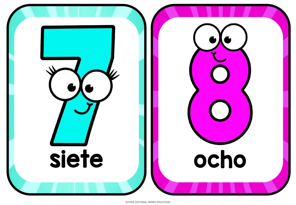 Spanish number flashcards 7 and 8: siete (seven) and ocho (eight), with number words shown in bold print.
