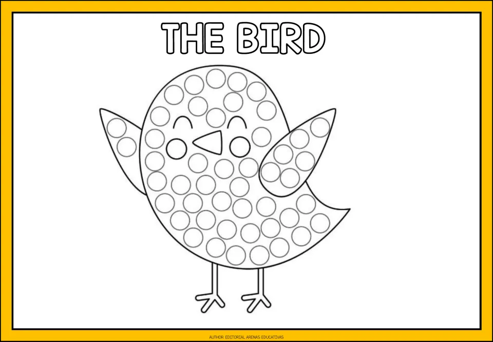 Finger-painting activity labeled 'The Bird,' featuring a bird with raised wings and circles to fill