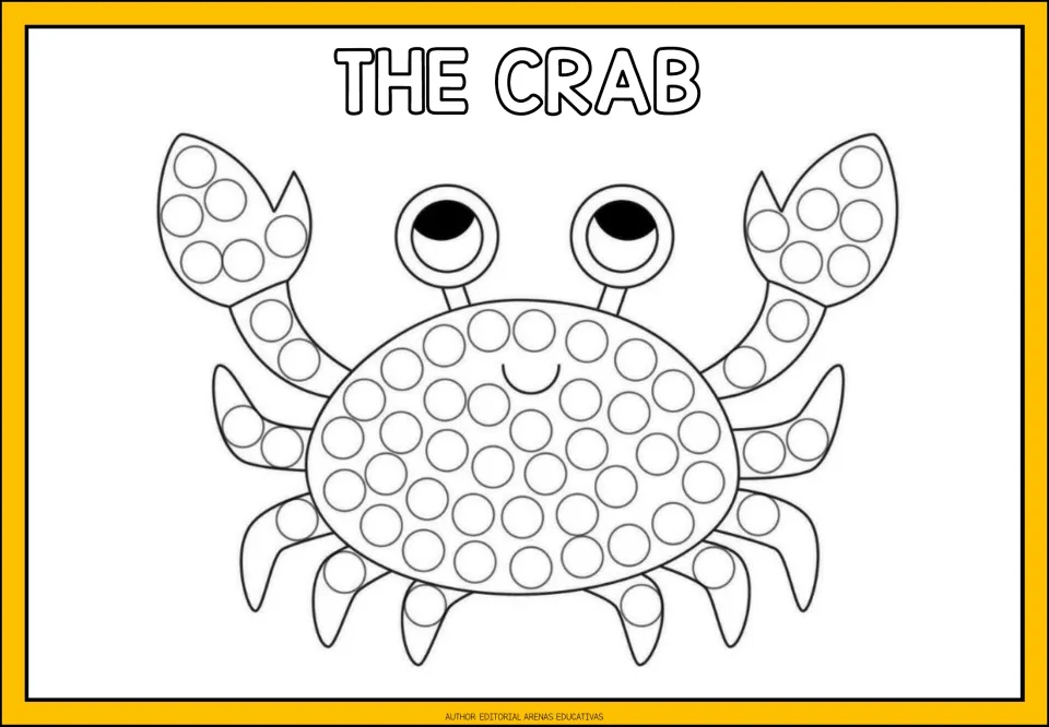 Finger-painting activity labeled 'The Crab,' featuring a crab with raised claws and circles to fill