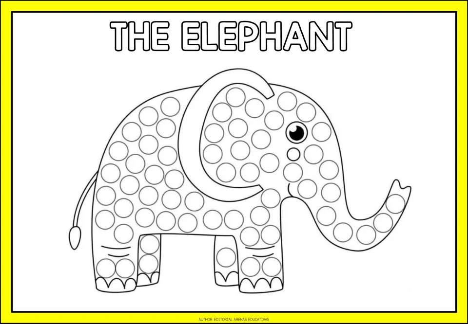 Finger-painting activity labeled 'The Elephant,' showing an elephant with a raised trunk and circles to fill