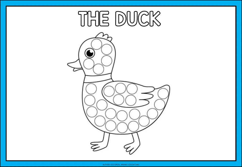 Finger-painting activity labeled 'The Duck,' featuring a duck with circles across its head, body, and wing