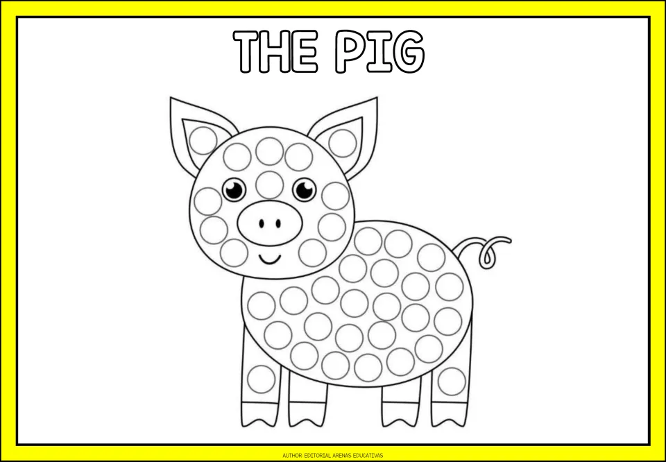 Finger-painting activity labeled 'The Pig,' featuring a pig with a curly tail and circular spaces to fill