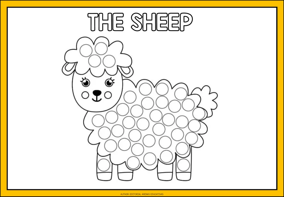 Finger-painting activity labeled 'The Sheep,' featuring a sheep with circles across its wool and legs