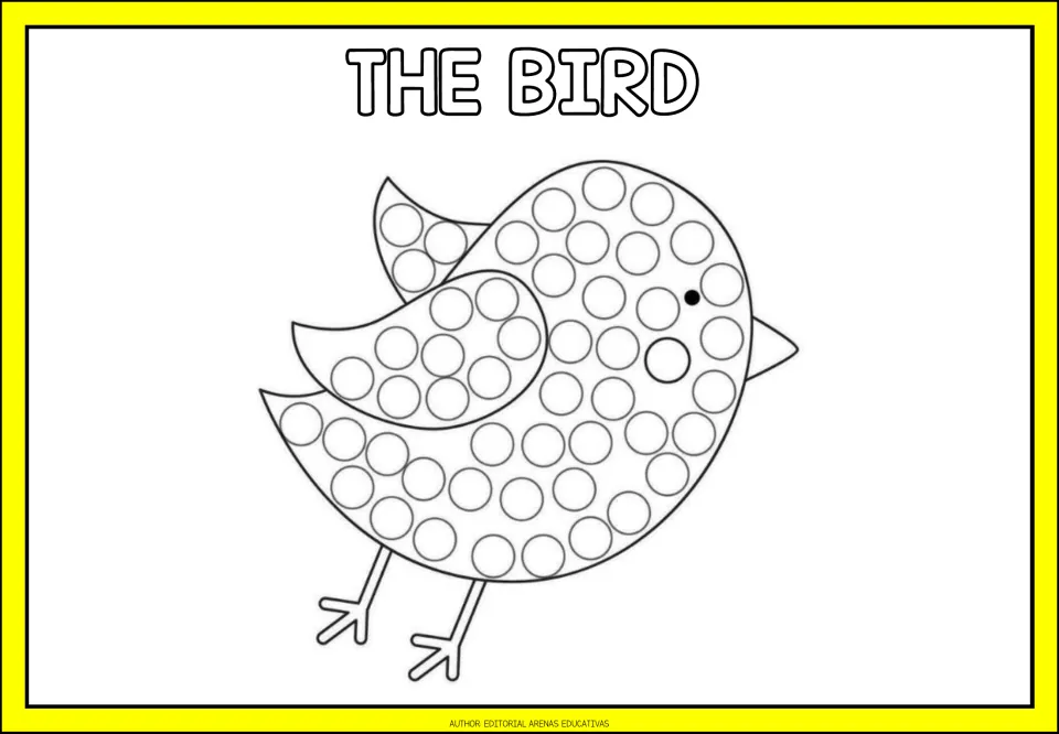 Finger-painting activity labeled 'The Bird,' showing a second bird facing right with circles to fill
